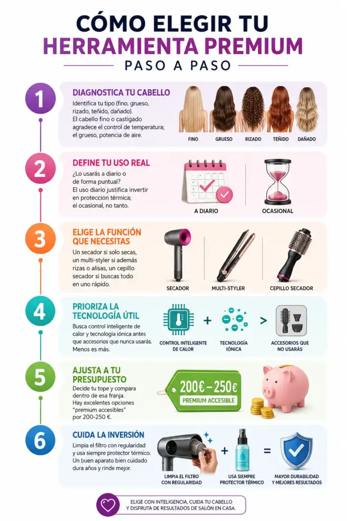 Infografía con los seis pasos para elegir una herramienta capilar premium según el tipo de cabello, el uso, la tecnología y el presupuesto.