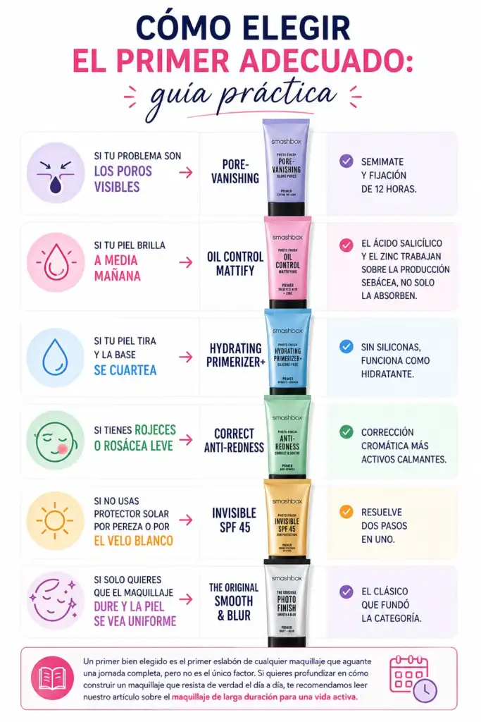 Cómo elegir el primer adecuado: guía práctica de Smashbox Infografía sobre cómo elegir el primer adecuado según el tipo de piel y sus necesidades, comparando las principales prebases de Smashbox para poros, grasa, hidratación, rojeces, protección solar y larga duración.