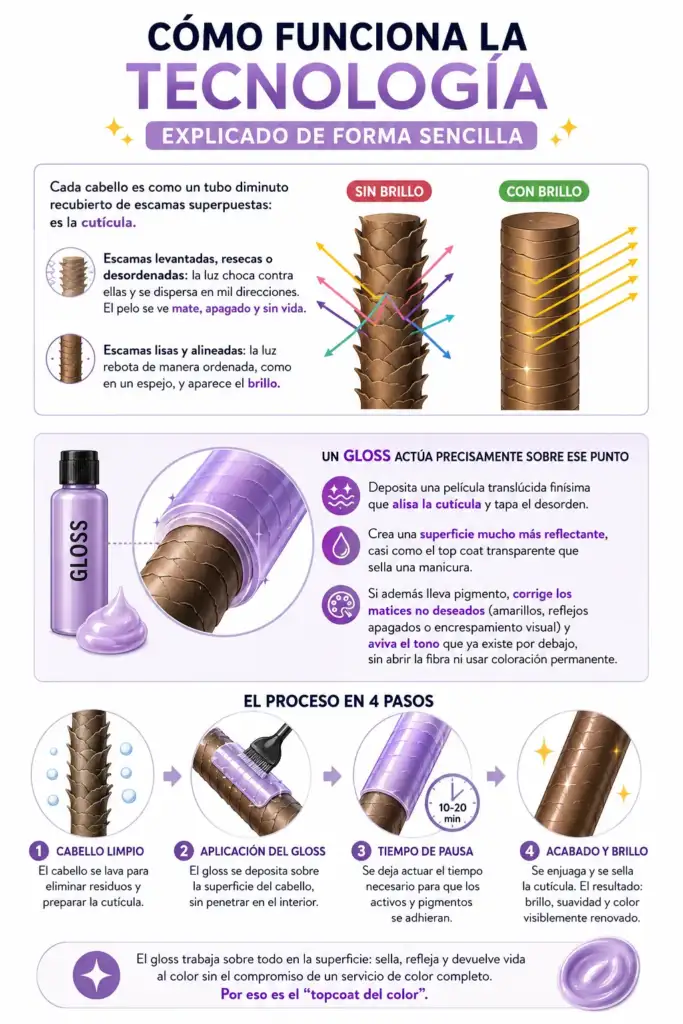 Cómo funciona un gloss capilar: la tecnología del brillo explicada Infografía que explica cómo funciona un gloss capilar mostrando cómo alisa la cutícula del cabello para aumentar el brillo y mejorar el reflejo de la luz.