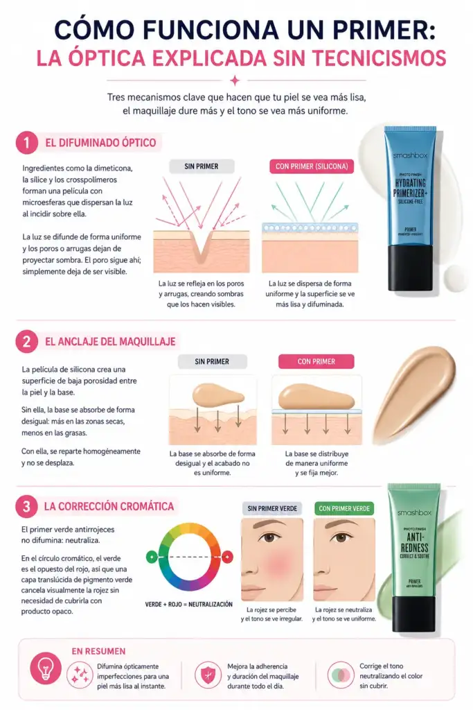 Cómo funciona un primer: la óptica explicada sin tecnicismos Infografía que explica cómo funciona un primer de maquillaje mediante el difuminado óptico, el anclaje del maquillaje y la corrección cromática de las rojeces.