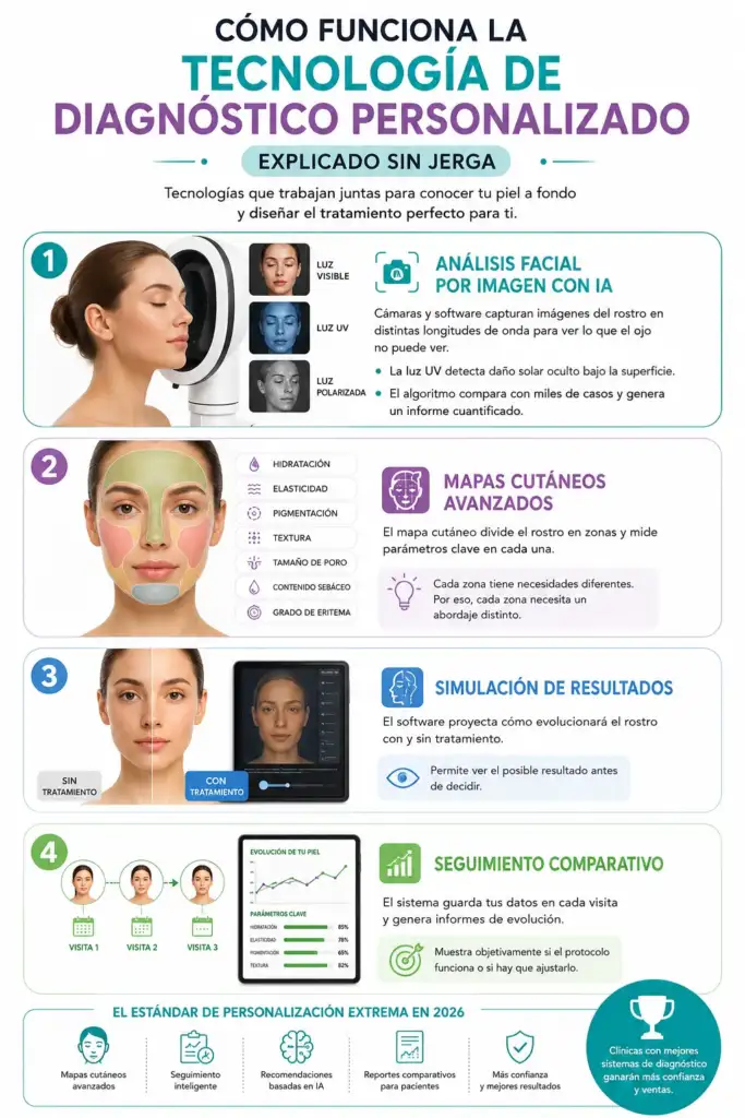 Cómo funciona la tecnología de diagnóstico personalizado en estética Infografía que explica cómo funciona la tecnología de diagnóstico personalizado en medicina estética mediante inteligencia artificial, mapas cutáneos, simulación de resultados y seguimiento comparativo.