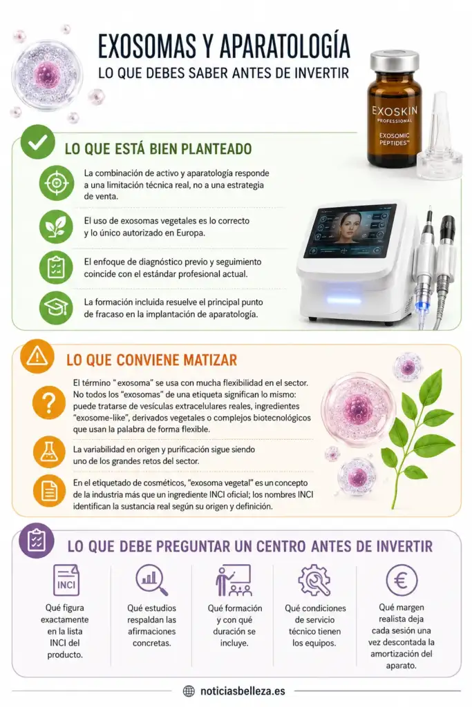 Infografía que resume las ventajas, limitaciones y aspectos clave que un centro de estética debe evaluar antes de invertir en tratamientos con exosomas y aparatología profesional.