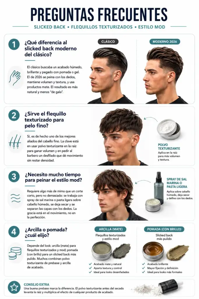 Infografía preguntas frecuentes sobre cortes de pelo para hombre 2026 Infografía con respuestas a las preguntas más frecuentes sobre el slicked back moderno, el flequillo texturizado, el estilo mod y los productos de peinado recomendados para hombre.