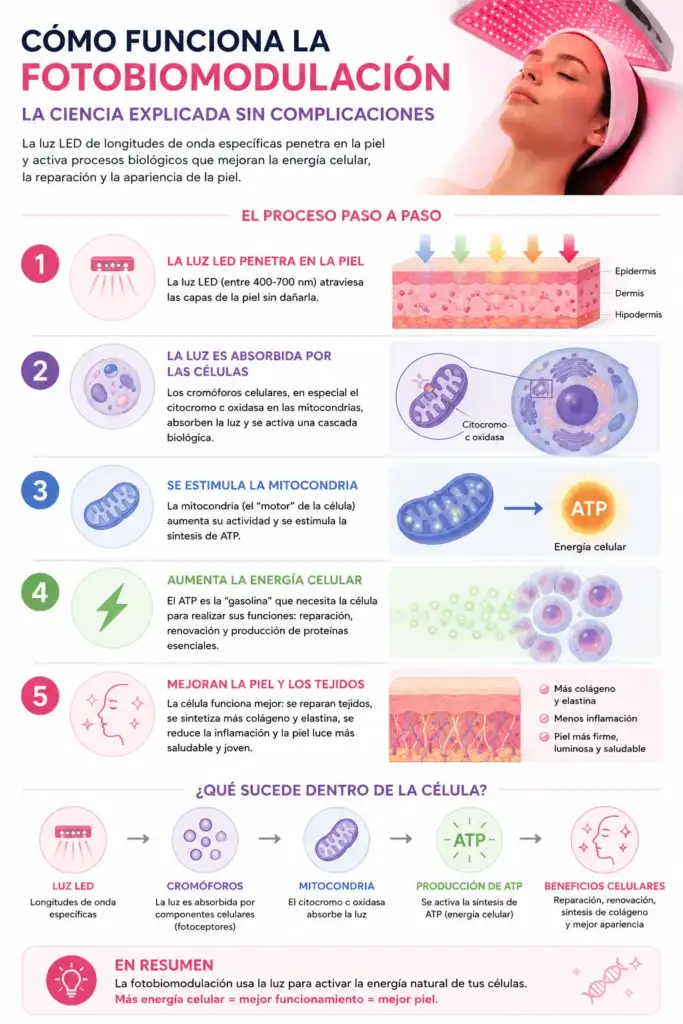 Cómo funciona la fotobiomodulación LED: infografía científica Infografía que explica cómo funciona la fotobiomodulación LED, mostrando la penetración de la luz en la piel, la activación de las mitocondrias, la producción de ATP y los beneficios para la regeneración celular y la síntesis de colágeno.