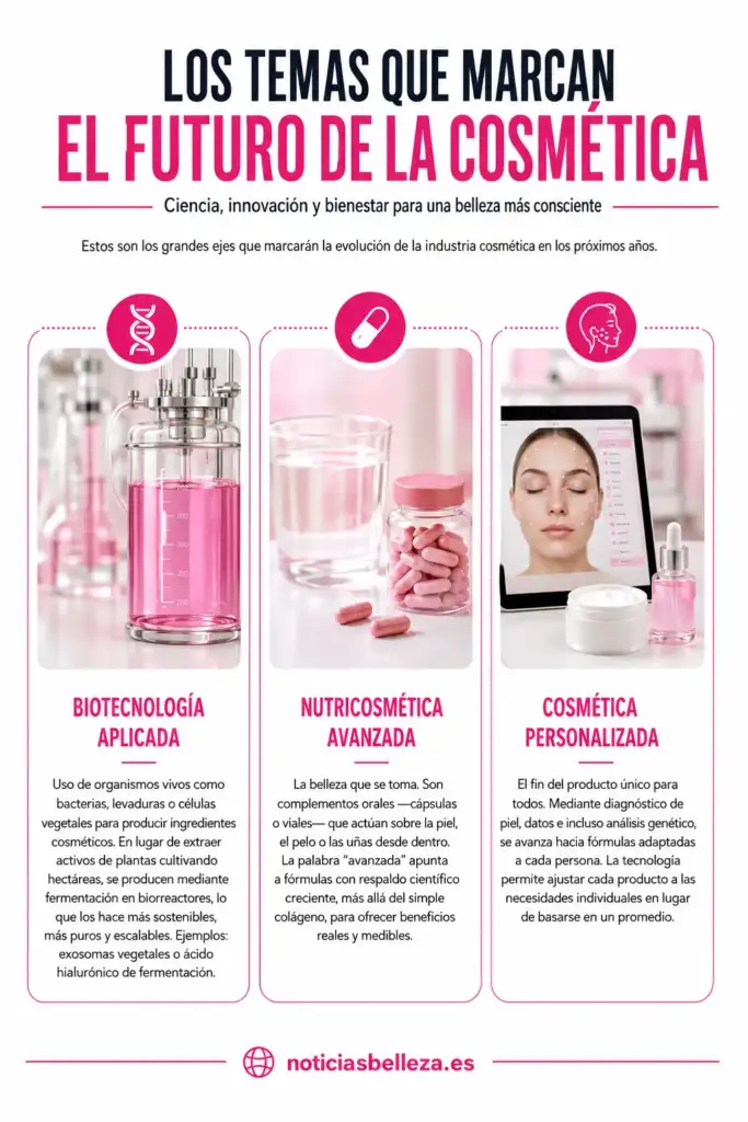Infografía sobre las tendencias que marcarán el futuro de la cosmética Infografía que explica las principales tendencias que definirán el futuro de la cosmética: biotecnología aplicada, nutricosmética avanzada y cosmética personalizada.