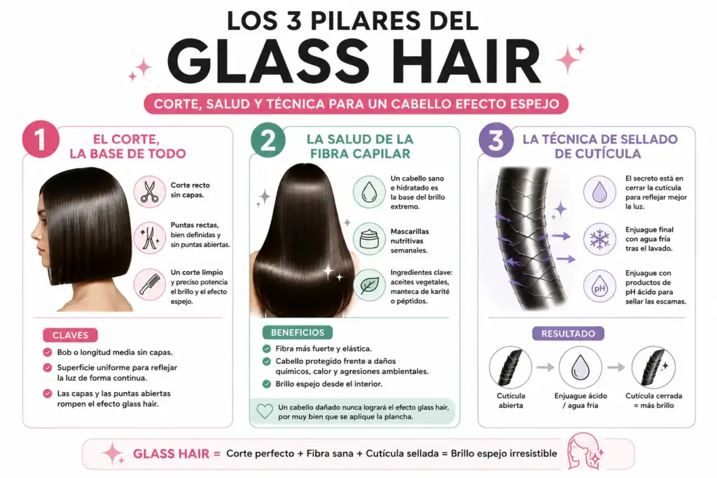 Infografía sobre los tres pilares del glass hair: corte recto sin capas, salud de la fibra capilar y sellado de la cutícula para conseguir un cabello con brillo efecto espejo.