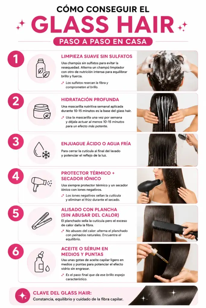 Infografía con los seis pasos para conseguir el efecto glass hair en casa: limpieza sin sulfatos, hidratación profunda, enjuague ácido o agua fría, protector térmico con secador iónico, plancha y aceite o sérum capilar.