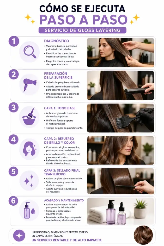 Cómo se ejecuta un gloss layering paso a paso Infografía que muestra paso a paso cómo se realiza un servicio profesional de gloss layering para potenciar el brillo, la dimensión y el efecto espejo del cabello.