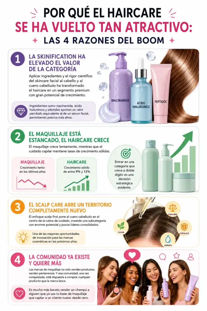 Por qué el haircare se ha vuelto tan atractivo: las 4 razones del boom Infografía que explica las cuatro razones del crecimiento del mercado del haircare en 2026: skinification, crecimiento frente al maquillaje, auge del scalp care y fortaleza de las comunidades de marca.
