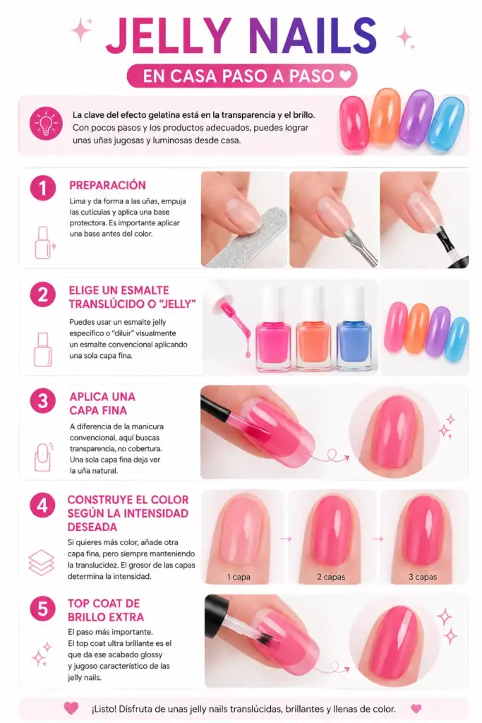 Cómo hacer Jelly Nails en casa paso a paso Infografía con los cinco pasos para hacer Jelly Nails en casa: preparación, elección del esmalte translúcido, aplicación de capas finas, construcción del color y top coat de brillo extra.