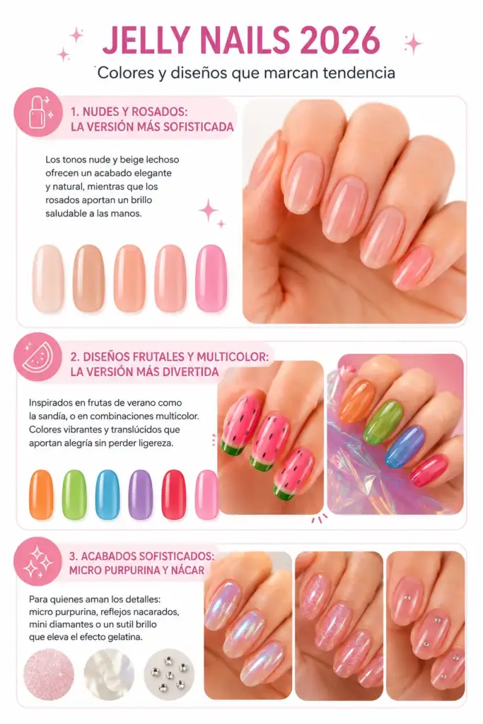 Jelly Nails 2026: colores y diseños que marcan tendencia Infografía sobre las principales tendencias de Jelly Nails en 2026, con uñas nude, rosadas, diseños frutales, acabados multicolor y efectos nacarados con micro purpurina.