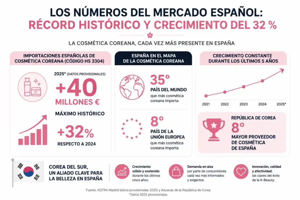 Infografía del crecimiento de la cosmética coreana en España en 2025 Infografía sobre el crecimiento del mercado de la cosmética coreana en España, con datos de importaciones, incremento del 32 %, posición de España en Europa y evolución del sector.