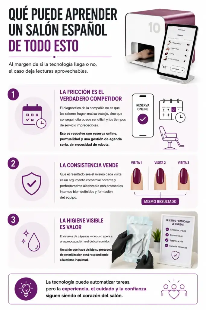 Infografía sobre las principales lecciones que un salón de belleza puede extraer de la automatización, destacando la reserva online, la consistencia del servicio y la higiene visible.
