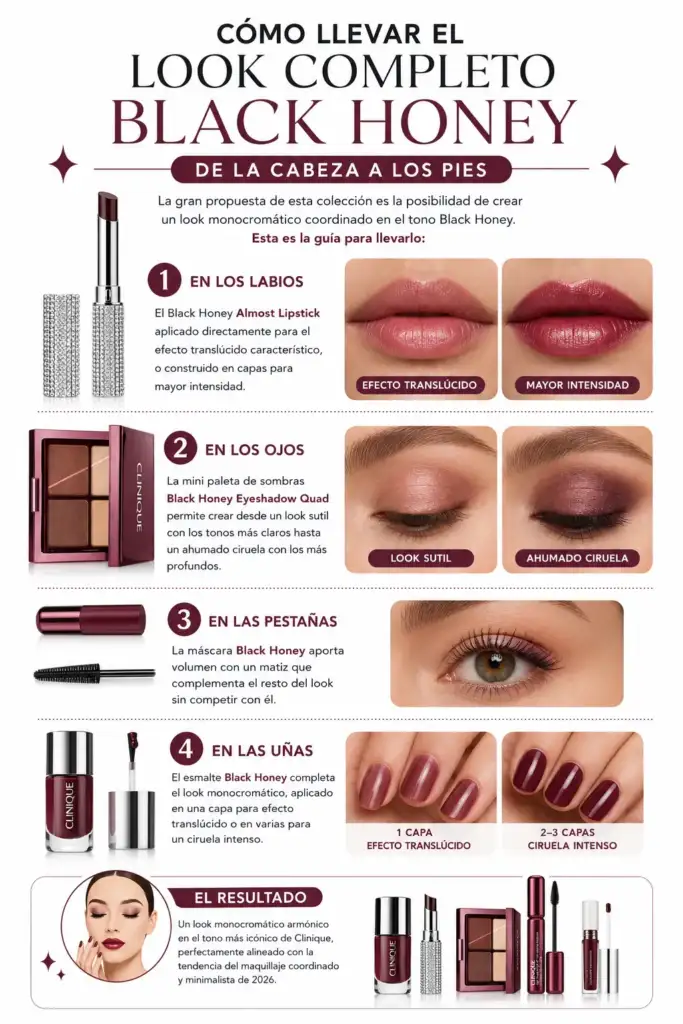 Cómo llevar el look completo Black Honey de Clinique de la cabeza a los pies Infografía sobre cómo crear un look completo Black Honey de Clinique combinando labios, ojos, pestañas y uñas con un maquillaje monocromático en tonos ciruela.