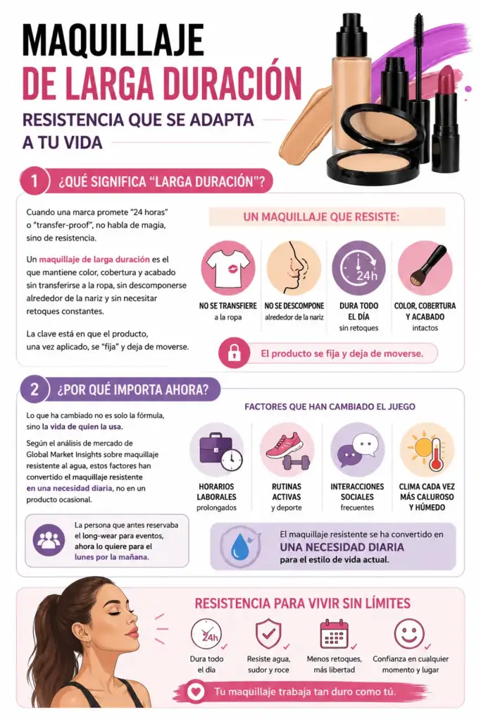 Infografía que explica qué significa el maquillaje de larga duración, cómo funciona la tecnología transfer-proof y por qué se ha convertido en una necesidad para los estilos de vida activos.
