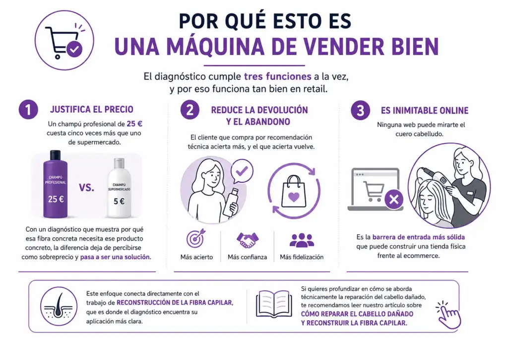 Infografía que explica cómo el diagnóstico capilar profesional ayuda a justificar el precio, reducir devoluciones y diferenciar una tienda física frente al comercio online.