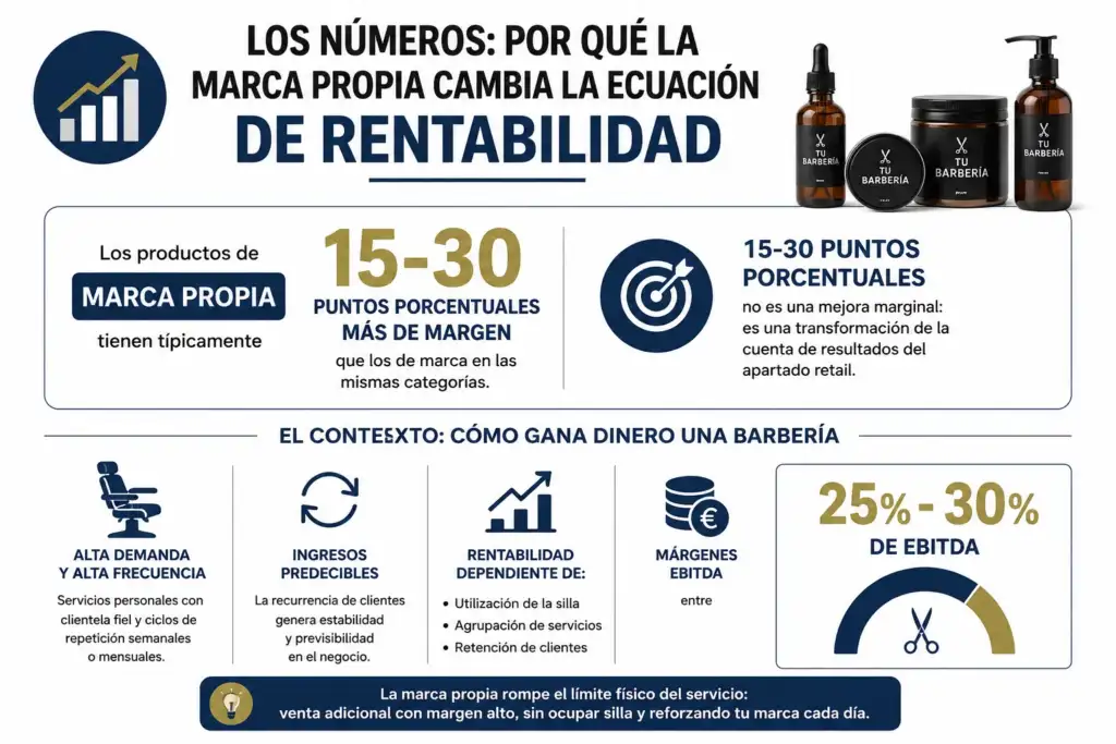 Infografía sobre la rentabilidad de la marca propia en barberías Infografía que muestra cómo la marca propia aumenta la rentabilidad de las barberías gracias a márgenes entre 15 y 30 puntos porcentuales superiores y un EBITDA habitual del 25 % al 30 %.