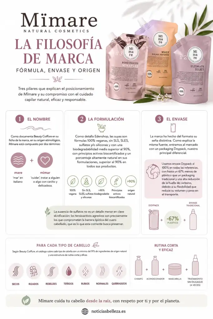 Infografía sobre la filosofía de marca de Mïmare que explica el origen del nombre, las fórmulas veganas, el envase Doypack sostenible y su rutina capilar con ingredientes de origen natural.