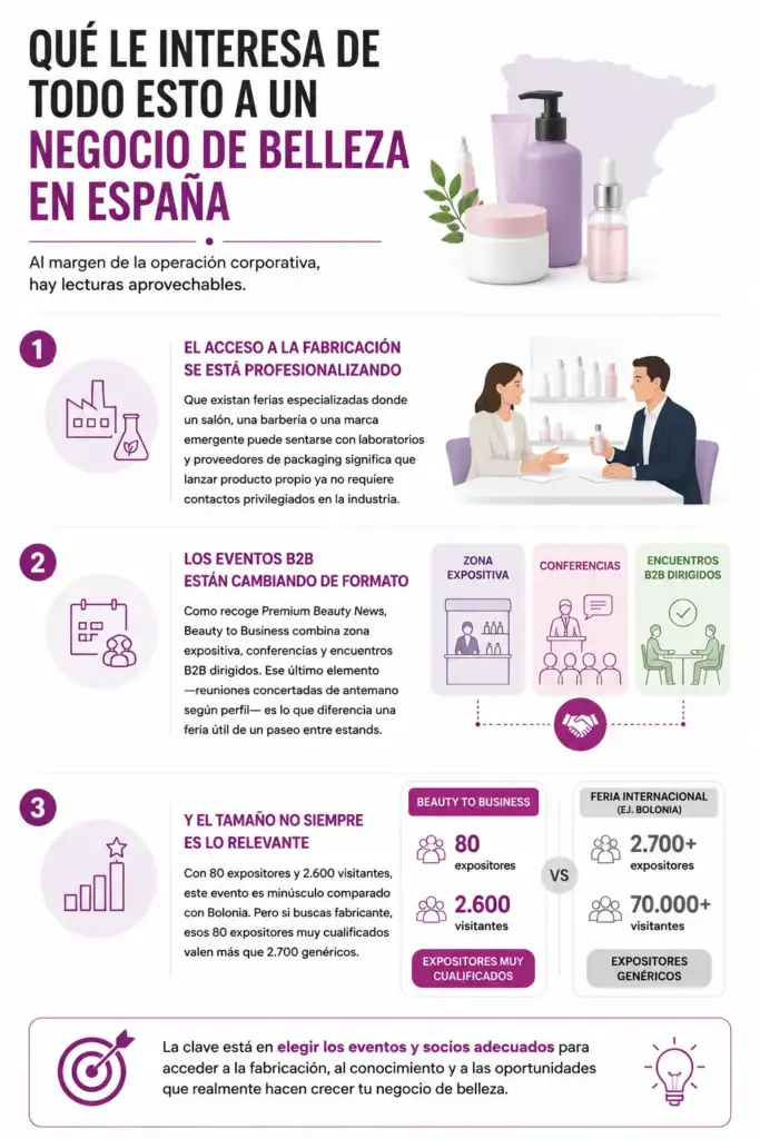 Infografía sobre las ventajas que ofrecen los eventos B2B para negocios de belleza en España, incluyendo acceso a fabricantes, networking profesional y comparación entre ferias especializadas.