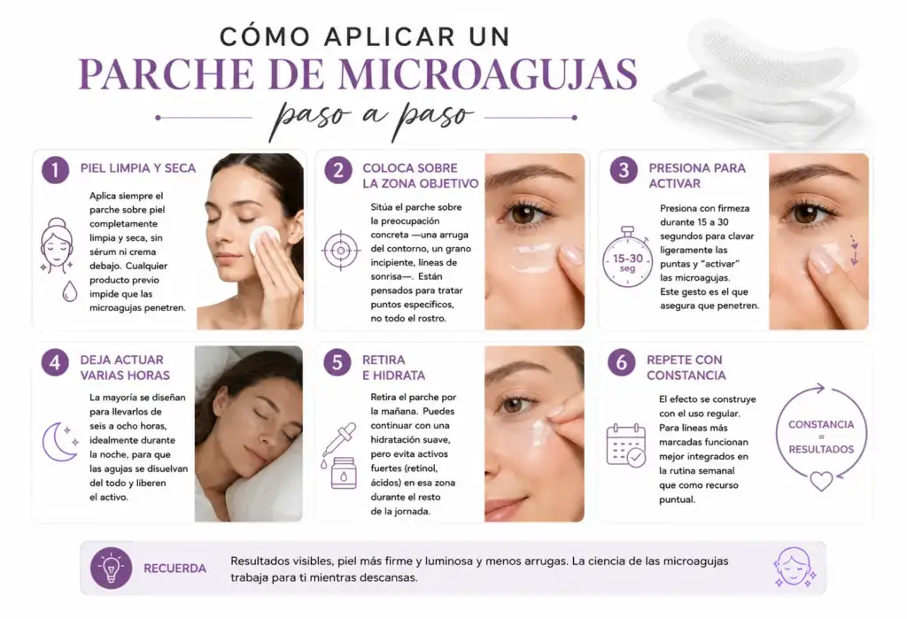 Cómo aplicar un parche de microagujas paso a paso | Infografía Infografía que explica paso a paso cómo aplicar correctamente un parche de microagujas sobre la piel para maximizar su eficacia.