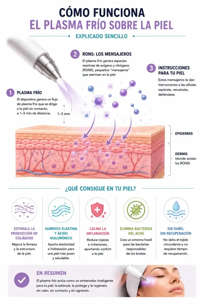 Infografía que explica cómo actúa el plasma frío sobre la piel mediante especies reactivas de oxígeno y nitrógeno (RONS), estimulando colágeno, elastina y ácido hialurónico sin dañar el tejido.