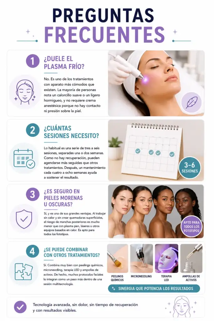 Infografía con preguntas frecuentes sobre el tratamiento de plasma frío facial: dolor, número de sesiones, seguridad para todos los fototipos, combinación con otros tratamientos y beneficios estéticos.
