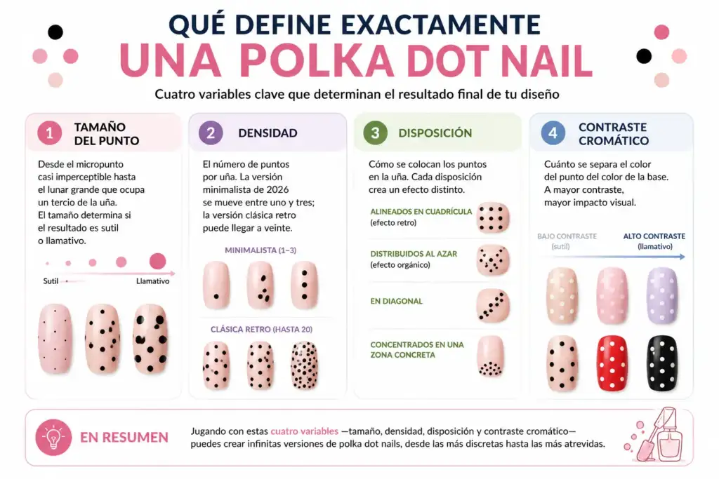 Qué define exactamente una polka dot nail: guía de los cuatro elementos clave Infografía sobre las polka dot nails que explica cómo influyen el tamaño de los puntos, la densidad, la disposición y el contraste cromático en el diseño de la manicura.