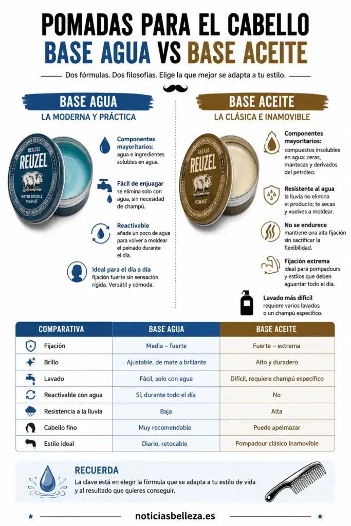 Infografía comparativa entre pomadas para el cabello de base agua y base aceite, con sus principales diferencias, ventajas, usos y características.