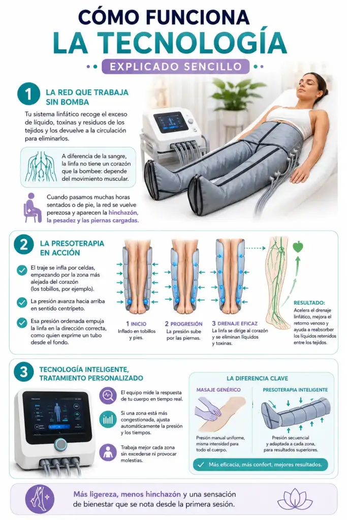 Cómo funciona la presoterapia: tecnología y drenaje linfático explicado de forma sencilla Infografía que explica cómo funciona la tecnología de la presoterapia mediante compresión neumática secuencial para favorecer el drenaje linfático y mejorar la circulación.