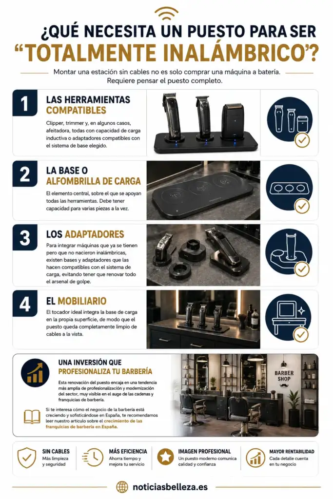 Qué necesita un puesto para ser totalmente inalámbrico en barbería Infografía sobre los elementos necesarios para crear un puesto de barbería totalmente inalámbrico con herramientas compatibles, base de carga por inducción, adaptadores y mobiliario integrado.