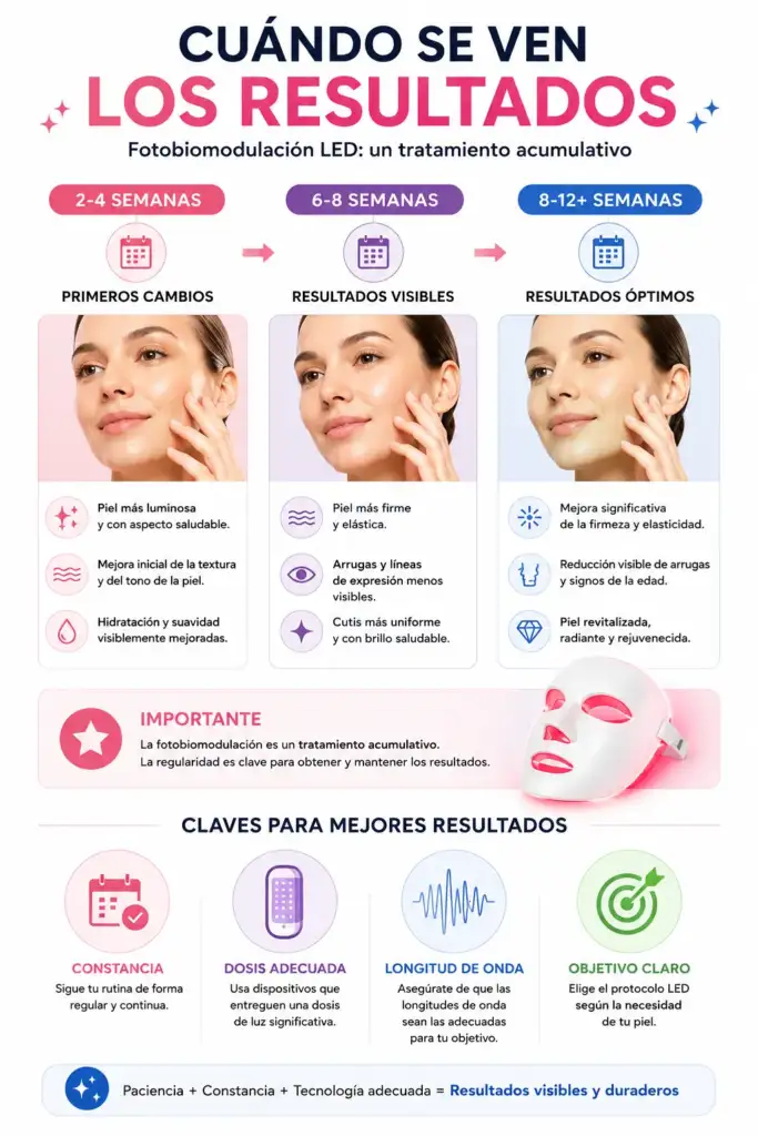Infografía sobre cuándo se ven los resultados de la fotobiomodulación LED Infografía que muestra la evolución de los resultados de la fotobiomodulación LED desde las primeras 2-4 semanas hasta los resultados óptimos entre las 8 y 12 semanas de tratamiento constante.