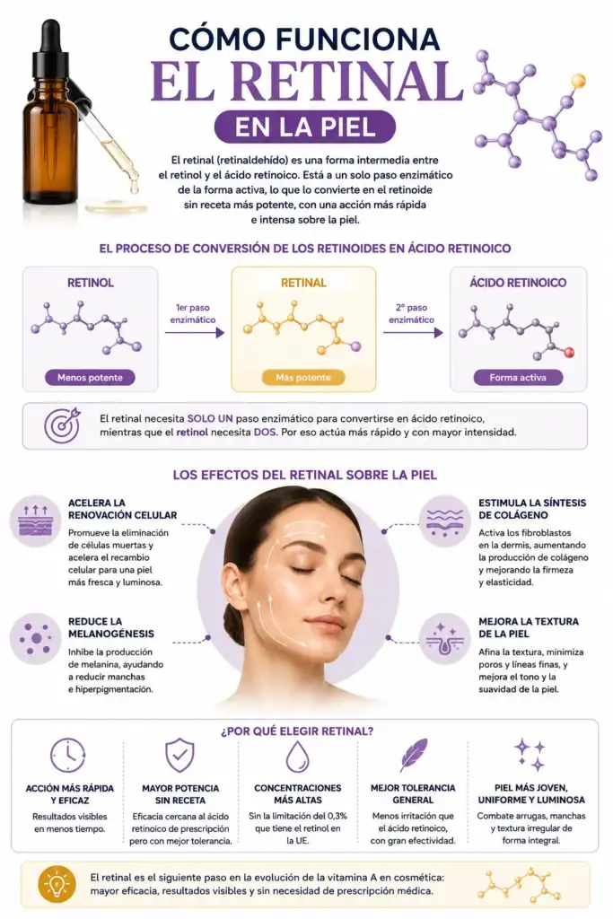 Cómo funciona el retinal en la piel: infografía sobre el retinoide más potente sin receta Infografía que explica cómo funciona el retinal en la piel, su conversión en ácido retinoico y sus beneficios sobre renovación celular, colágeno y manchas.