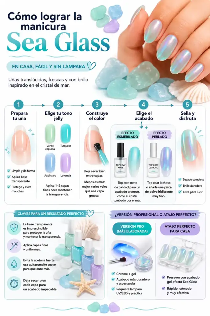 Cómo lograr la manicura Sea Glass en casa: guía paso a paso Infografía que explica cómo conseguir una manicura Sea Glass en casa con esmaltes jelly translúcidos, base transparente y diferentes acabados para lograr un efecto cristal de mar.