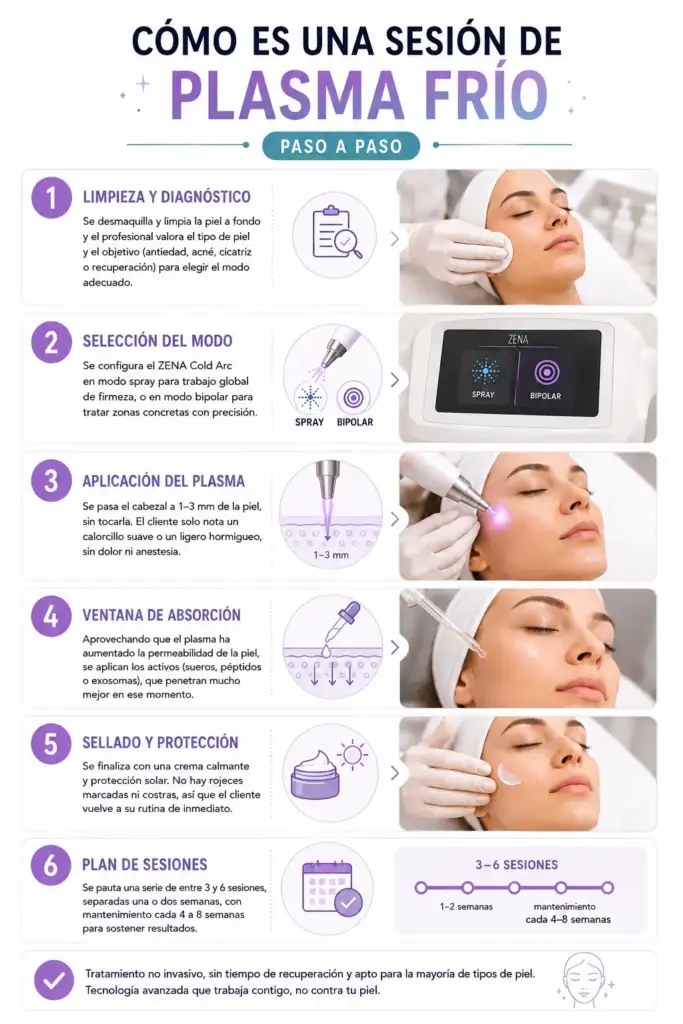 Infografía que muestra el proceso completo de una sesión de plasma frío facial, desde la limpieza y el diagnóstico hasta el plan de sesiones de mantenimiento.