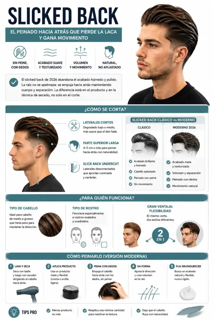 Infografía: Slicked Back moderno 2026 | Cómo se corta y se peina Infografía sobre el peinado Slicked Back moderno 2026 con las diferencias respecto al estilo clásico, el corte recomendado, los tipos de cabello adecuados y los pasos para peinarlo con volumen y movimiento.