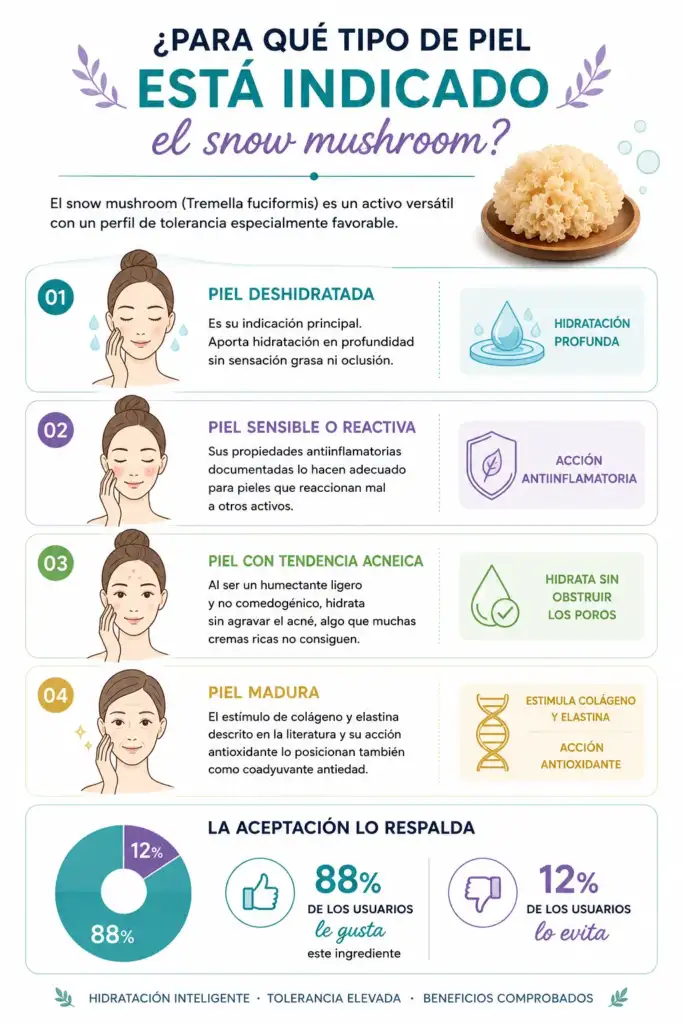 Infografía: ¿Para qué tipo de piel está indicado el Snow Mushroom? Infografía que muestra para qué tipos de piel está recomendado el Snow Mushroom (Tremella fuciformis), destacando sus beneficios para piel deshidratada, sensible, acneica y madura, así como el nivel de aceptación entre los usuarios.
