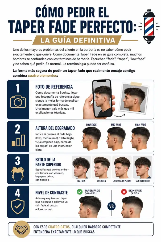 Cómo pedir el taper fade perfecto: guía definitiva Infografía que explica cómo pedir un taper fade perfecto indicando la foto de referencia, la altura del degradado, el estilo de la parte superior y el nivel de contraste.