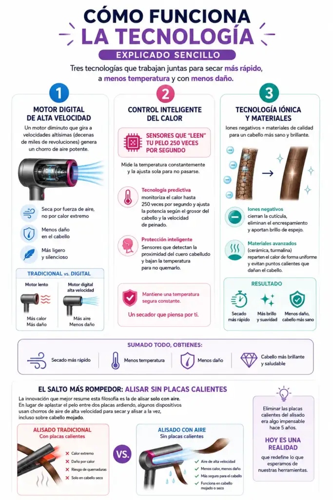 Infografía que explica el funcionamiento de la tecnología de las herramientas capilares premium mediante motores digitales, sensores inteligentes de temperatura y tecnología iónica para proteger el cabello.