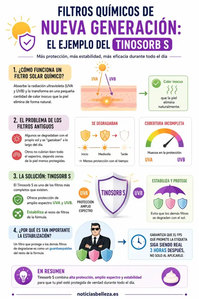 Infografía: Tinosorb S y los filtros solares químicos de nueva generación Infografía que explica cómo funciona el filtro solar Tinosorb S, su protección de amplio espectro UVA y UVB y cómo estabiliza el resto de filtros de la fórmula.