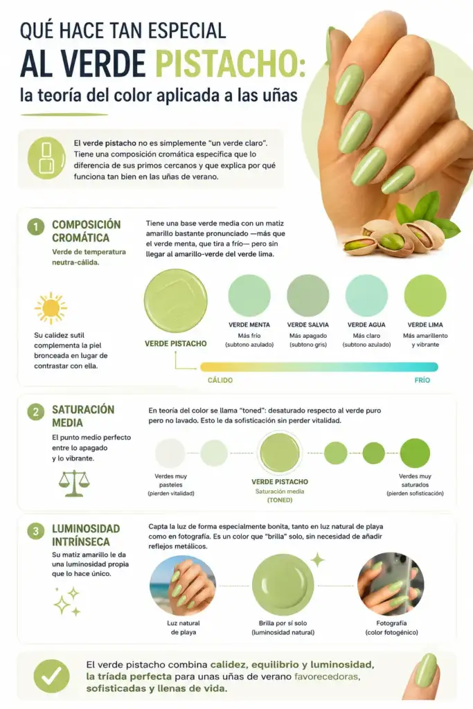 Qué hace tan especial al verde pistacho: teoría del color aplicada a las uñas Infografía sobre el verde pistacho en manicura, explicando su composición cromática, saturación media y luminosidad natural aplicada a las tendencias de uñas de verano.