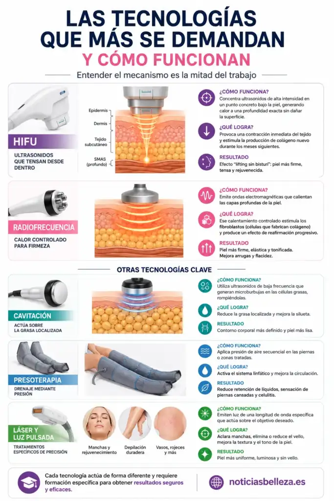 Infografía sobre las principales tecnologías de aparatología estética: HIFU, radiofrecuencia, cavitación, presoterapia y láser o luz pulsada, explicando su funcionamiento y aplicaciones.