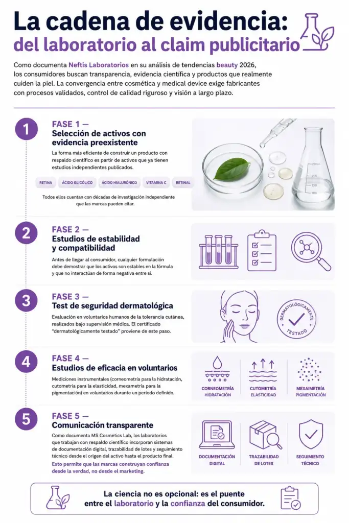La cadena de evidencia: del laboratorio al claim publicitario Infografía sobre la cadena de evidencia científica en cosmética, desde la selección de activos hasta la comunicación transparente al consumidor.