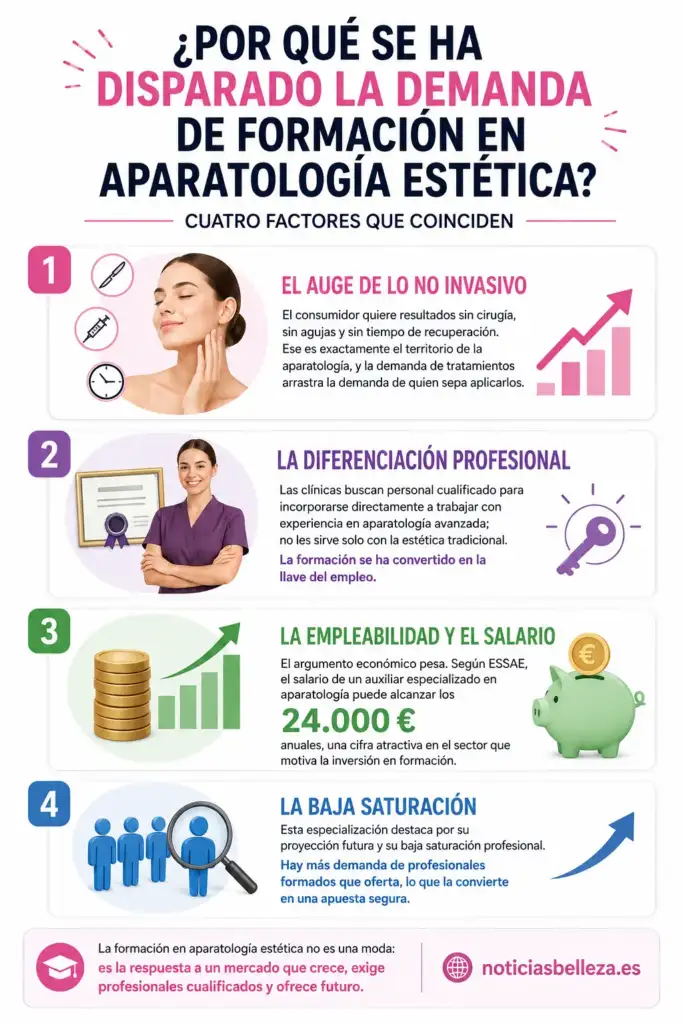 Infografía que explica los cuatro factores que impulsan el crecimiento de la formación en aparatología estética: auge de los tratamientos no invasivos, diferenciación profesional, empleabilidad y baja saturación del sector.