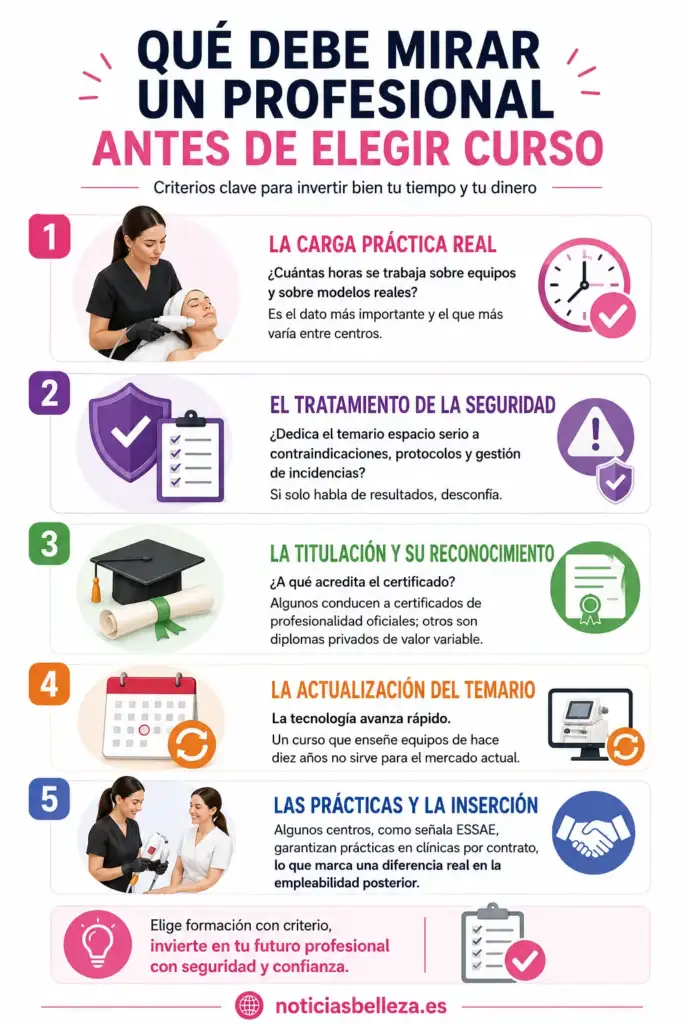 Infografía con los cinco criterios clave para elegir un curso de aparatología estética: formación práctica, seguridad, reconocimiento de la titulación, actualización del temario y prácticas con inserción laboral.