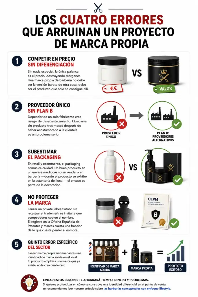Los cuatro errores que arruinan un proyecto de marca propia en barbería Infografía sobre los errores más frecuentes al crear una marca propia de barbería, incluyendo competencia por precio, dependencia de un único proveedor, packaging deficiente, falta de registro de marca e identidad de negocio.