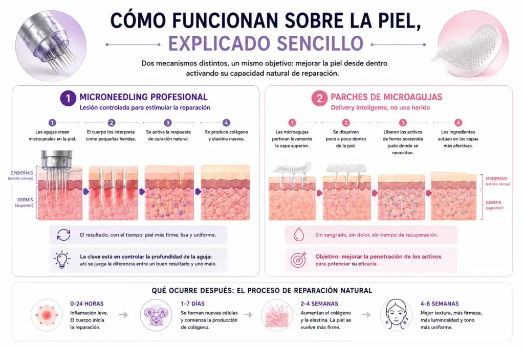 Cómo funcionan las microagujas sobre la piel | Infografía explicativa Infografía que explica de forma sencilla cómo actúan las microagujas sobre la piel, comparando el microneedling profesional con los parches de microagujas y el proceso natural de reparación cutánea.