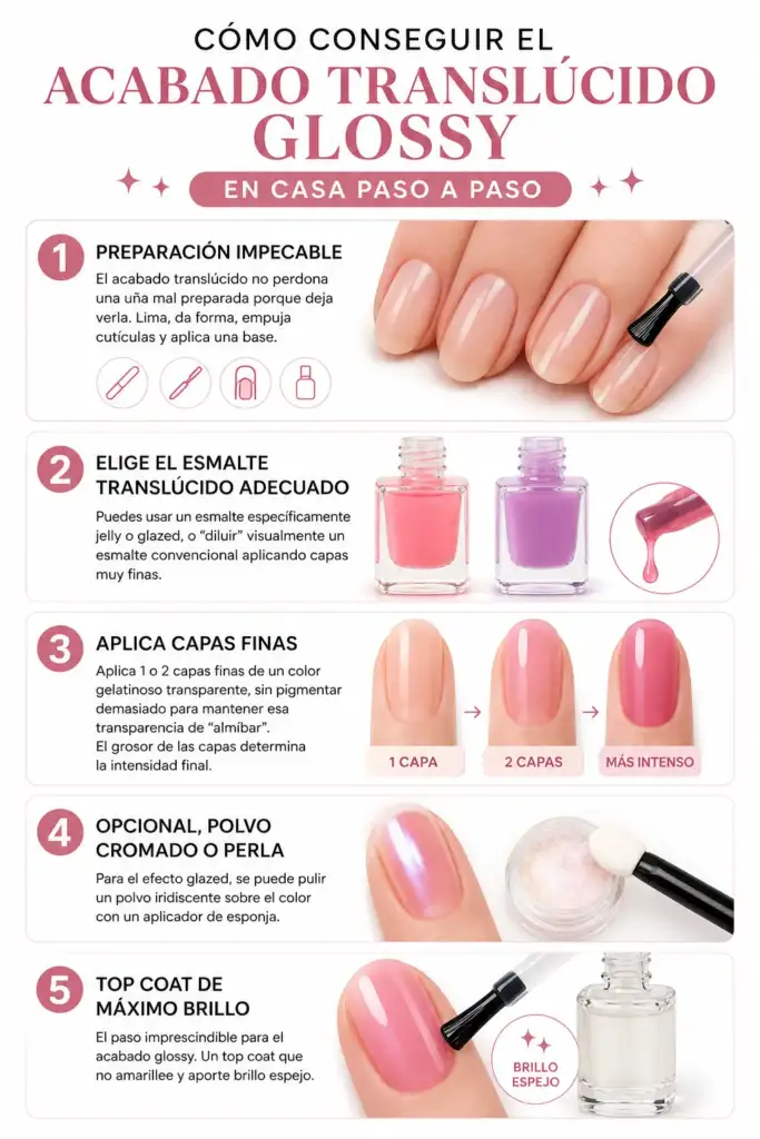 Cómo conseguir el acabado translúcido glossy en casa paso a paso Infografía con los pasos para conseguir una manicura con acabado translúcido glossy en casa, desde la preparación de la uña hasta la aplicación del top coat de brillo.