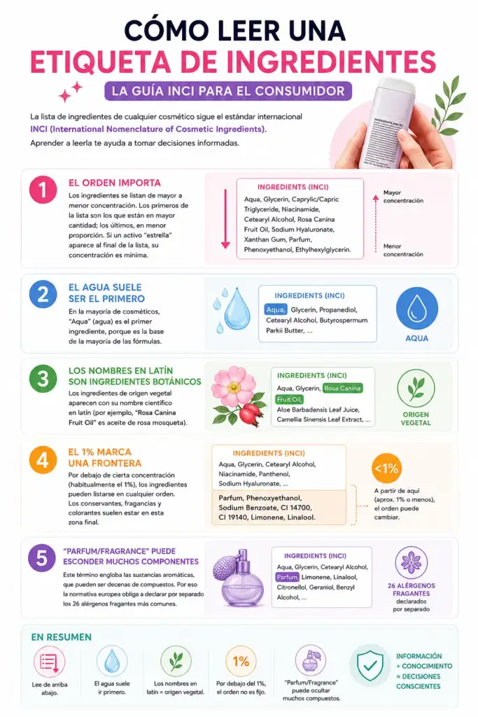 Infografía sobre cómo leer una etiqueta de ingredientes cosméticos mediante el sistema INCI, explicando el orden de los ingredientes, el papel del agua, los nombres botánicos, el límite del 1 % y el significado de Parfum o Fragrance.