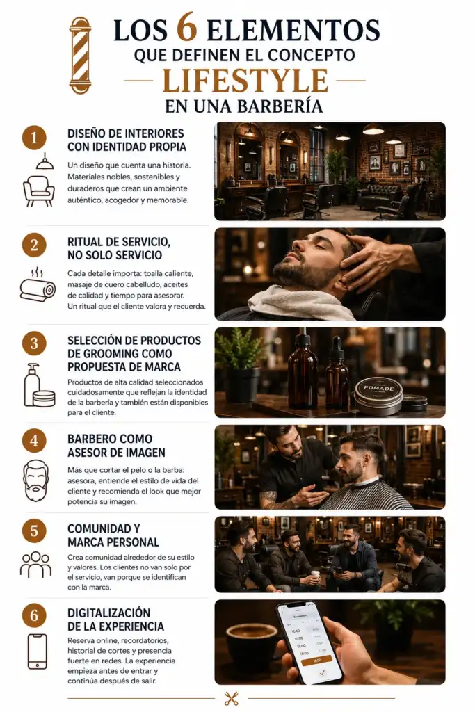 Infografía sobre los seis elementos que definen el concepto lifestyle en una barbería moderna: diseño, ritual de servicio, grooming, asesoría de imagen, comunidad y digitalización.