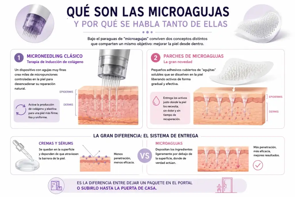 Qué son las microagujas y por qué se habla tanto de ellas | Infografía Infografía que explica qué son las microagujas, las diferencias entre el microneedling clásico y los parches de microagujas, y cómo mejoran la penetración de los activos cosméticos en la piel.